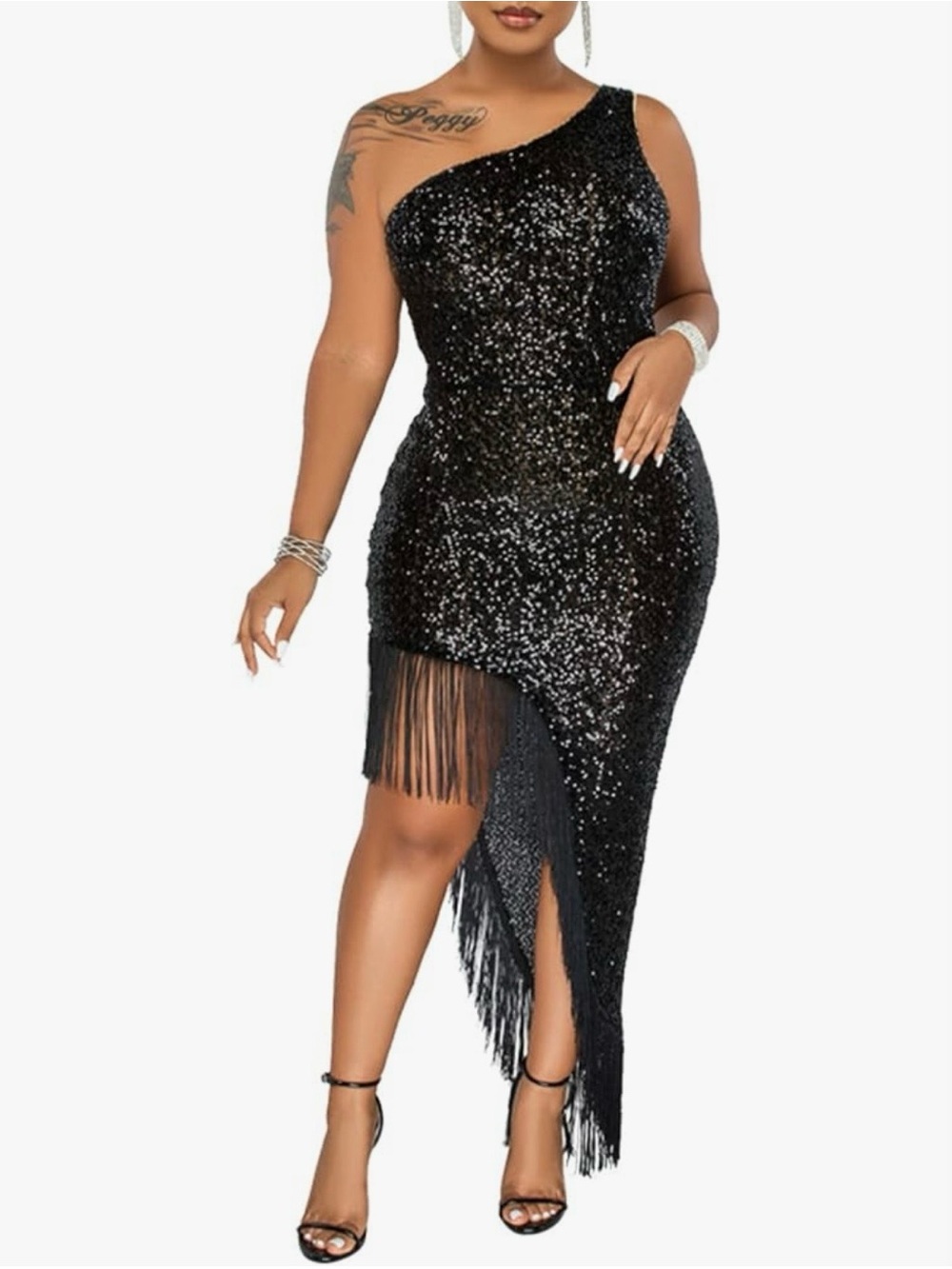 One-Shoulder Black Sequin Fringe Dress